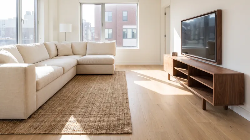 A modern living room with a wide, unobstructed walkway between a sofa and a media console.