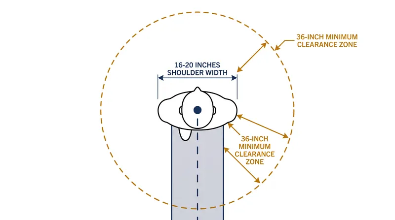 The 36-inch clearance rule is derived directly from the average adult shoulder width and the lateral space required for a natural walking stride.