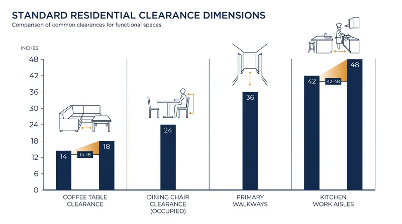 Standard residential clearances scale upward based on the biomechanical requirements of the activity.