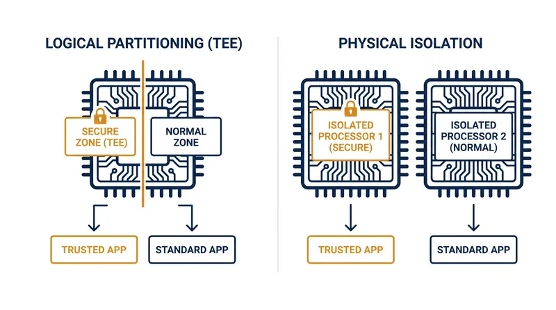 Physical isolation uses a dedicated coprocessor, whereas logical partitioning divides a single processor into secure and non-secure states.