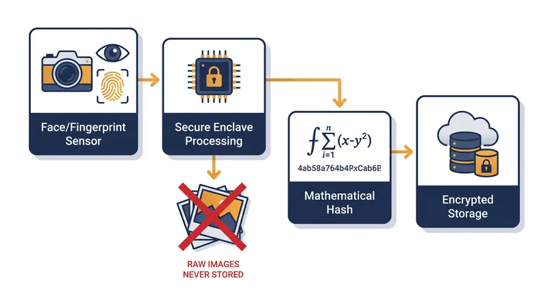 Biometric sensors send raw data directly to the enclave, which converts it into a mathematical hash and discards the original image.