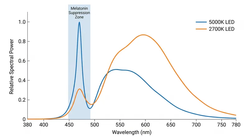Standard 'daylight' LEDs emit their peak energy exactly within the biological window that suppresses sleep hormones.