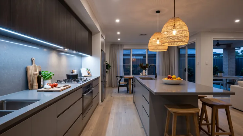 Layering light sources allows homeowners to use bright, blue-rich task lighting during the day and transition to warm ambient lighting at night.