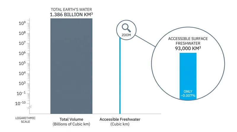 Accessible surface freshwater constitutes roughly 93,000 cubic kilometers, or 0.007 percent of the planetary total.