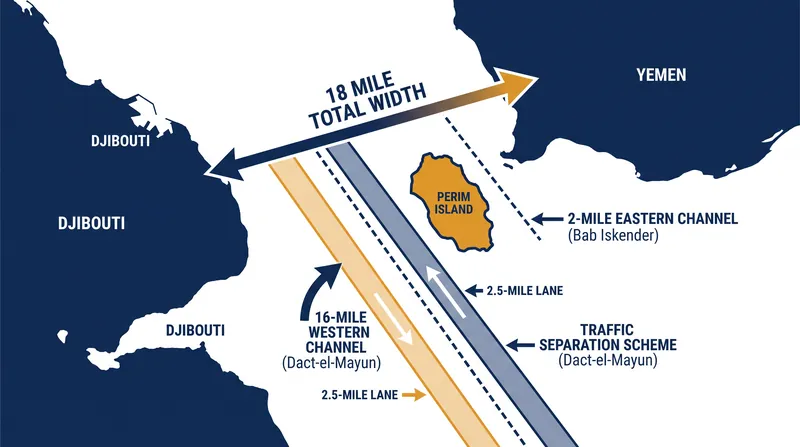 The physical constraints of the Bab el-Mandeb restrict deep-water navigation to two 2.5-mile-wide lanes.