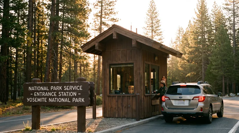 A wooden National Park Service entrance station surrounded by pine trees illuminated by the warm golden light of sunrise.