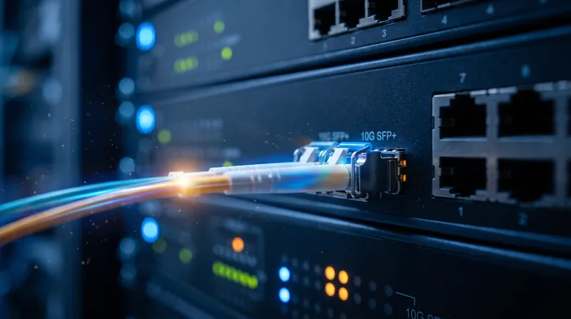 Close-up view of a glowing fiber optic cable connected to a network switch in a data center.
