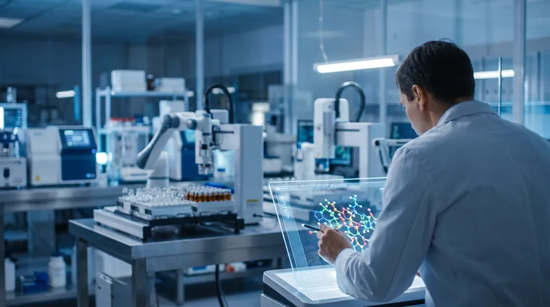 A scientist in a laboratory looking at a 3D molecular structure on a transparent screen.