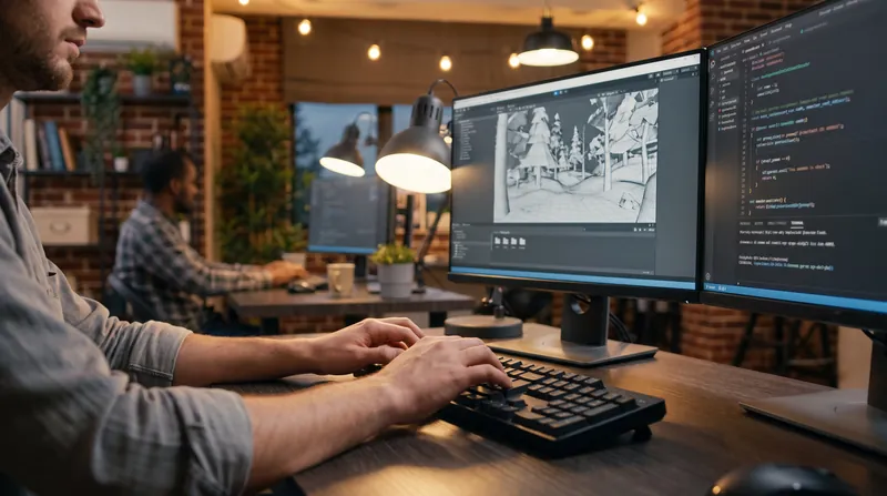 A game developer working on a complex 3D environment on multiple computer monitors in a studio.
