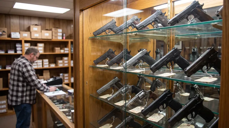 A display case inside a firearms store showing several handguns arranged neatly on glass shelves.