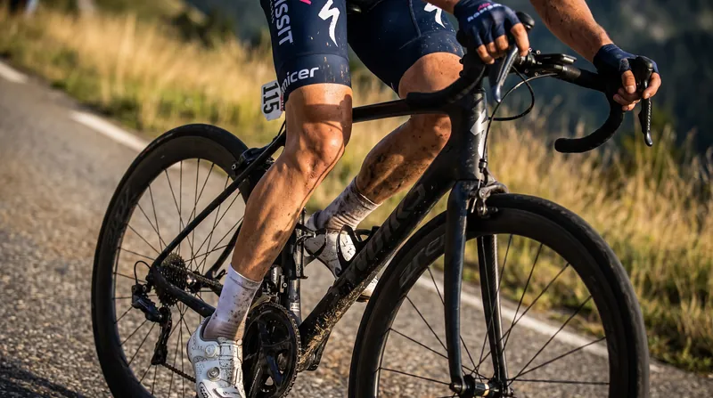 A cyclist in athletic gear pedals intensely up a steep incline, highlighting the muscular engagement of the quadriceps.