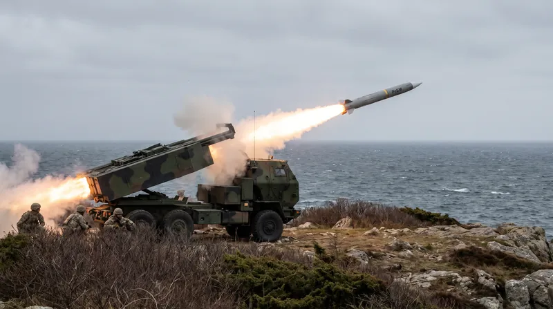 A U.S. Army M142 High Mobility Artillery Rocket System fires a missile into an overcast sky.