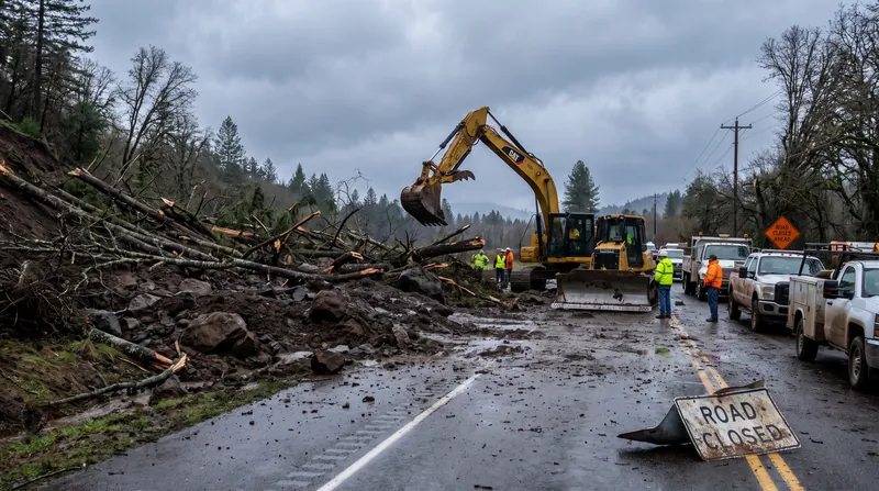 Heavy yellow construction machinery clears mud and uprooted trees blocking a rural two-lane highway.