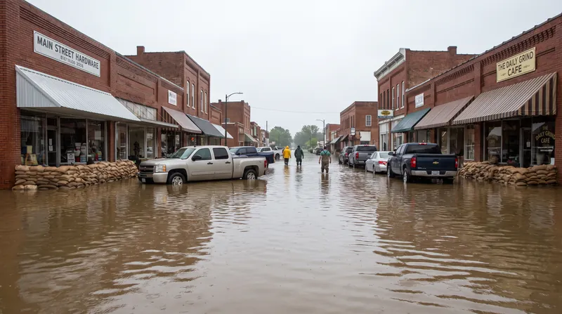 Floodwaters inundate downtown streets in southern Minnesota municipalities, forcing widespread closures.