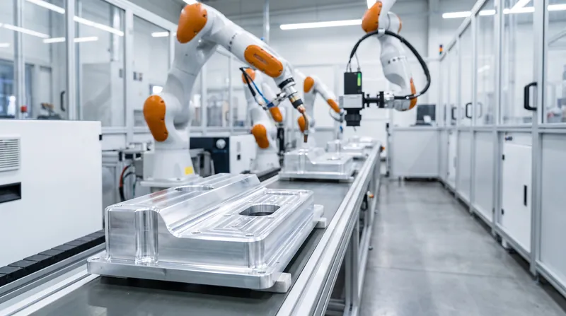 A pristine, highly automated manufacturing assembly line with robotic arms working on precision metallic components under bright lighting.