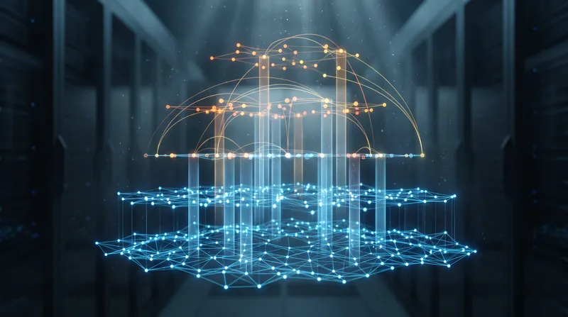 A 3D rendering of a multi-layered digital network graph with glowing nodes and vertical connections.