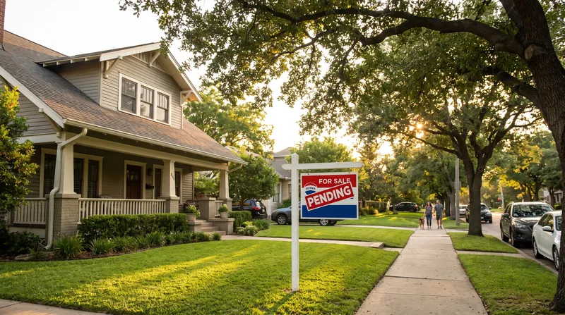 A 'Pending' real estate sign stands in the front yard of a suburban American home.