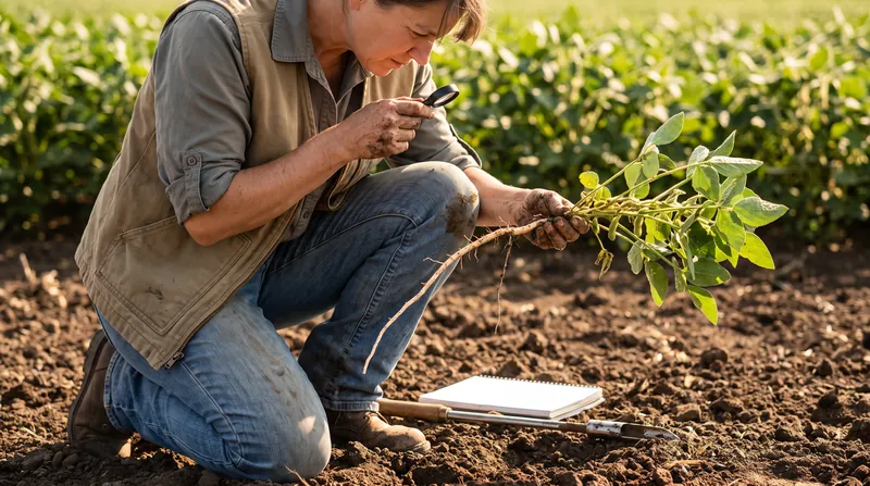 A researcher kneels in a dirt field, holding and examining the long taproot of a soybean plant.