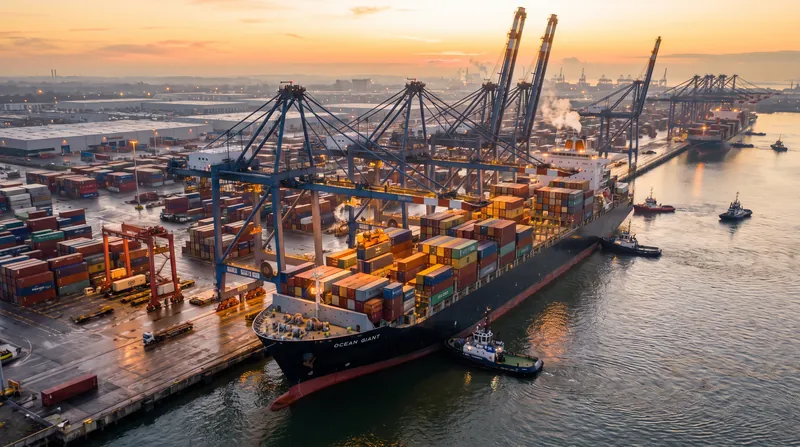 A large cargo ship being loaded with shipping containers by massive cranes at an industrial port.