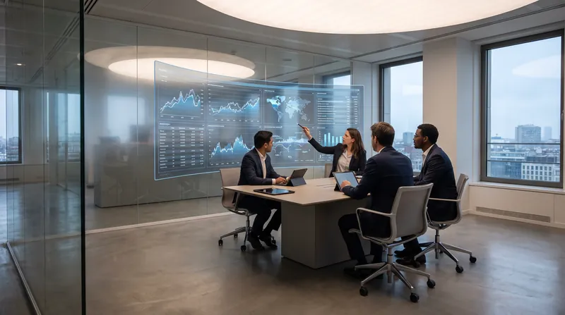 A team of professional auditors reviewing data on transparent screens in a modern office.