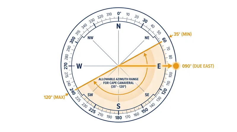 Launch azimuths are measured clockwise from true north, with range safety dictating the allowable flight corridors.