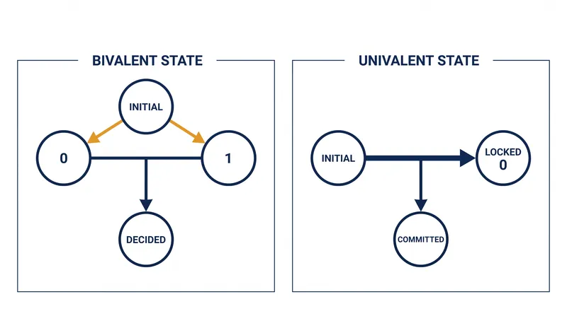 A bivalent state means the final decision could still go either way, depending on message timing.