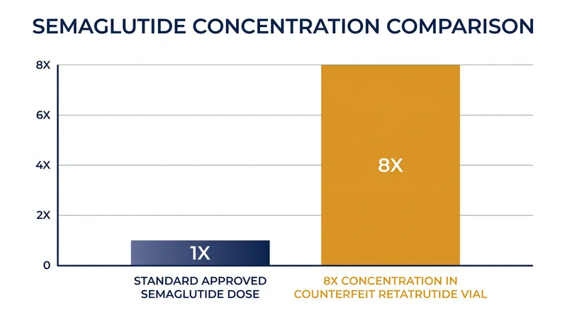 The counterfeit vials delivered eight times the maximum assessed level of semaglutide in a single dose.