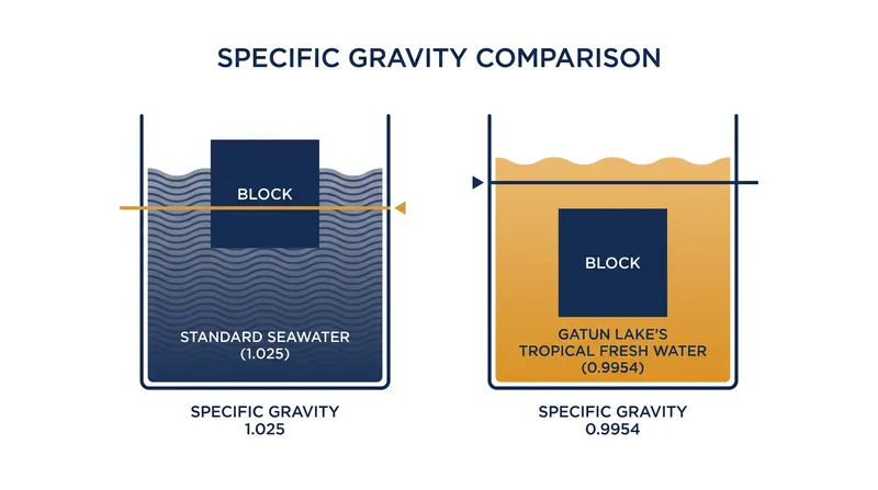 Because Gatun Lake is less dense than the ocean, vessels lose buoyancy and sink deeper into the water column.