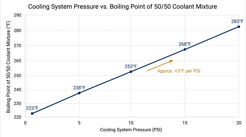 A standard 15 PSI cap elevates the boiling point of a 50/50 coolant mixture from 223°F to 268°F.