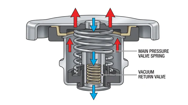 The dual-valve design of a standard radiator cap manages both high-pressure expansion and vacuum contraction.