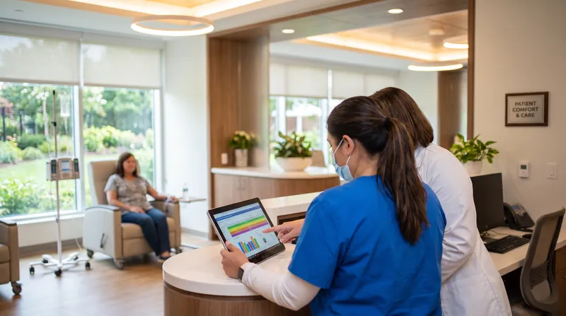 A brightly lit modern oncology infusion center with medical professionals reviewing digital patient charts.