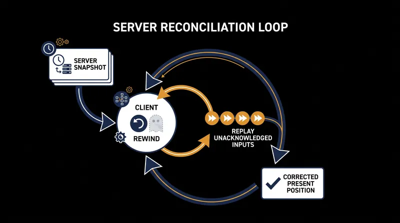 When the server sends an authoritative snapshot, the client rewinds and replays its recent inputs to stay synchronized.