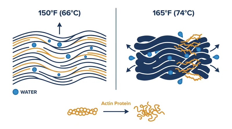 Actin proteins shrink violently between 150°F and 165°F, squeezing moisture out of the muscle fibers.
