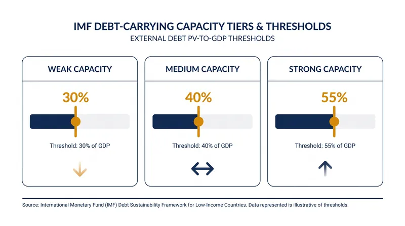 The IMF's three-tiered external debt thresholds based on a country's debt-carrying capacity.