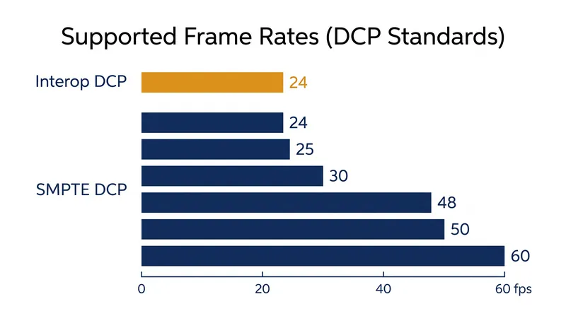 SMPTE DCPs support a much wider range of frame rates than the legacy Interop standard.