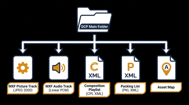 A standard DCP is not a single video file, but a highly structured folder of media and metadata.