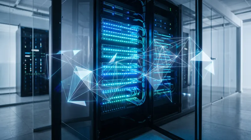 A glowing server rack in a modern data center with abstract geometric lines.