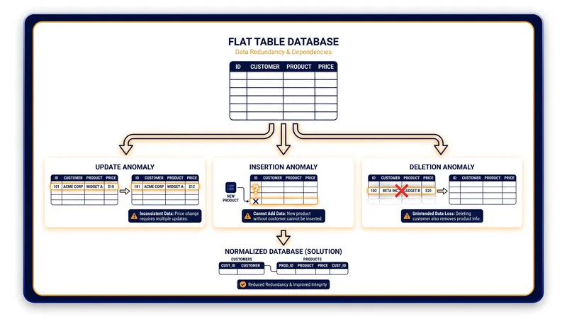 Without normalization, flat tables are vulnerable to update, insertion, and deletion anomalies.
