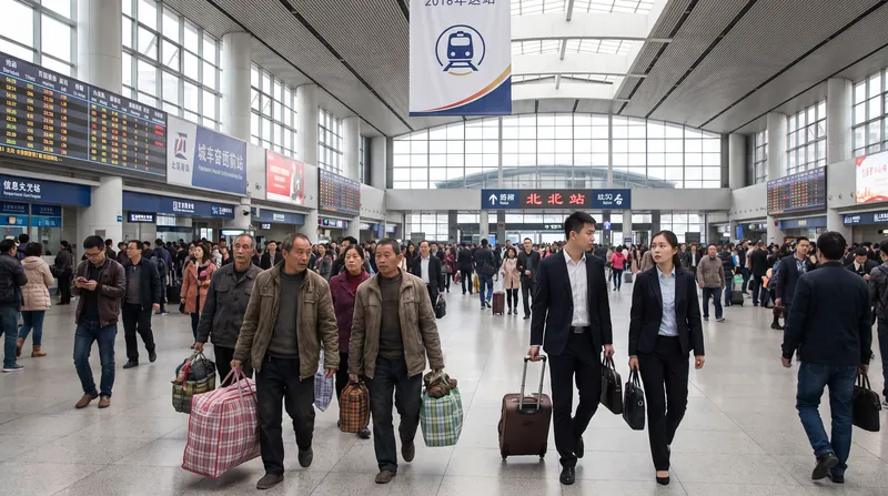 A wide shot of a busy Chinese train station showing migrant workers carrying large bags walking alongside urban commuters.