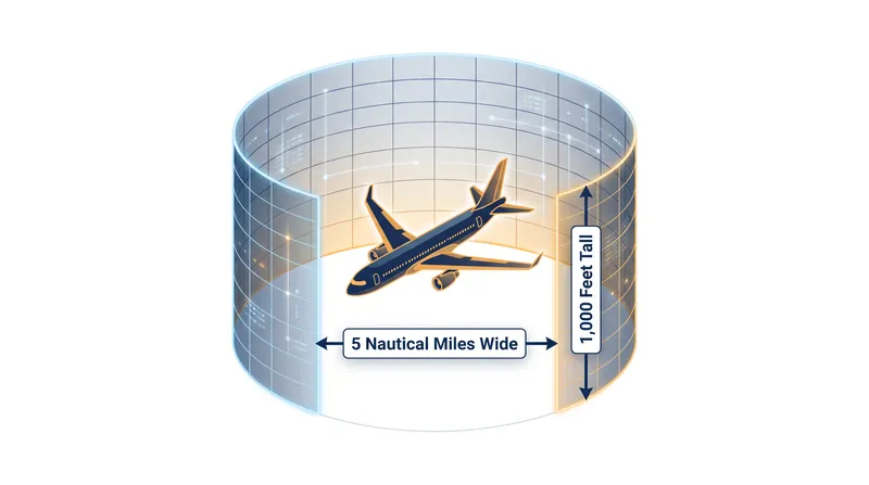 The standard en-route separation bubble maintained by air traffic control.