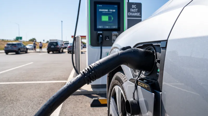 A close-up view of a thick, liquid-cooled electric vehicle charging cable plugged into a car.