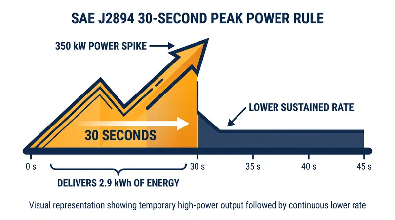 A 350-kilowatt peak sustained for 30 seconds delivers less than 3 kilowatt-hours of energy to the battery.