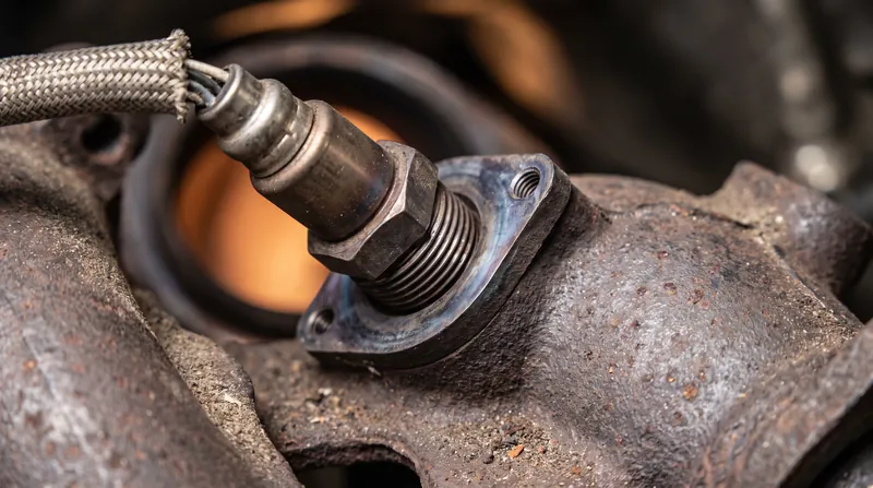 A close-up view of a threaded automotive oxygen sensor installed in a metal exhaust manifold.