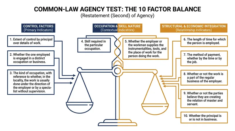 The ten factors of the common-law agency test used by the NLRB.
