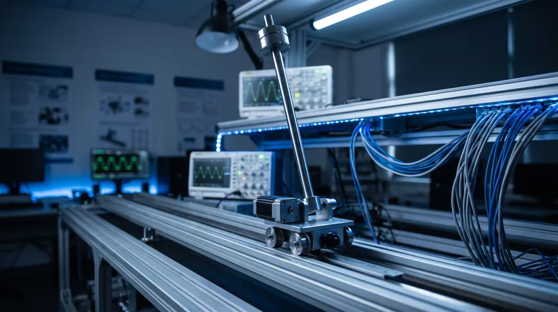 A metallic inverted pendulum mechanism balanced on a track in a robotics laboratory setting.