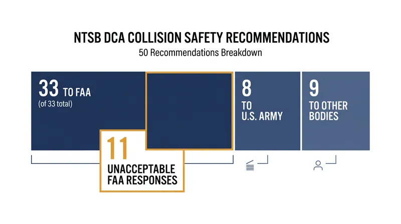 The NTSB issued 50 total recommendations following the DCA collision, with the majority directed at the FAA.
