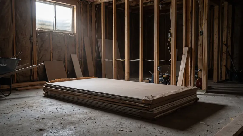 A stack of fresh drywall sheets resting on a concrete floor in a residential basement under construction.