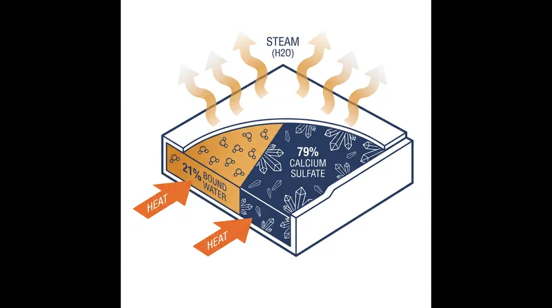 During a fire, the heat triggers calcination, breaking chemical bonds to release the 21 percent water content as steam.