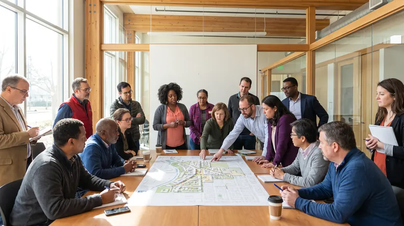 A diverse group of community members and city planners gathered around a large architectural map on a table.