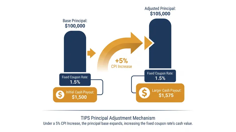 How a fixed coupon rate generates higher cash payouts when applied to an inflation-adjusted principal.